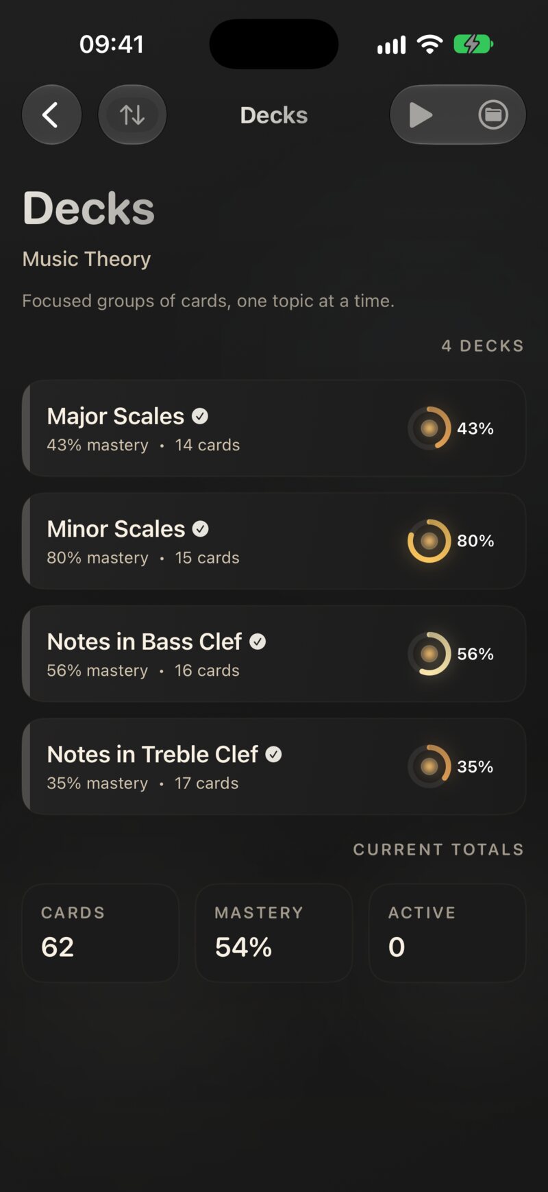 The Decks screen for one interest: totals on top, each deck with its mastery ring, the ▶ review menu and the folder menu.