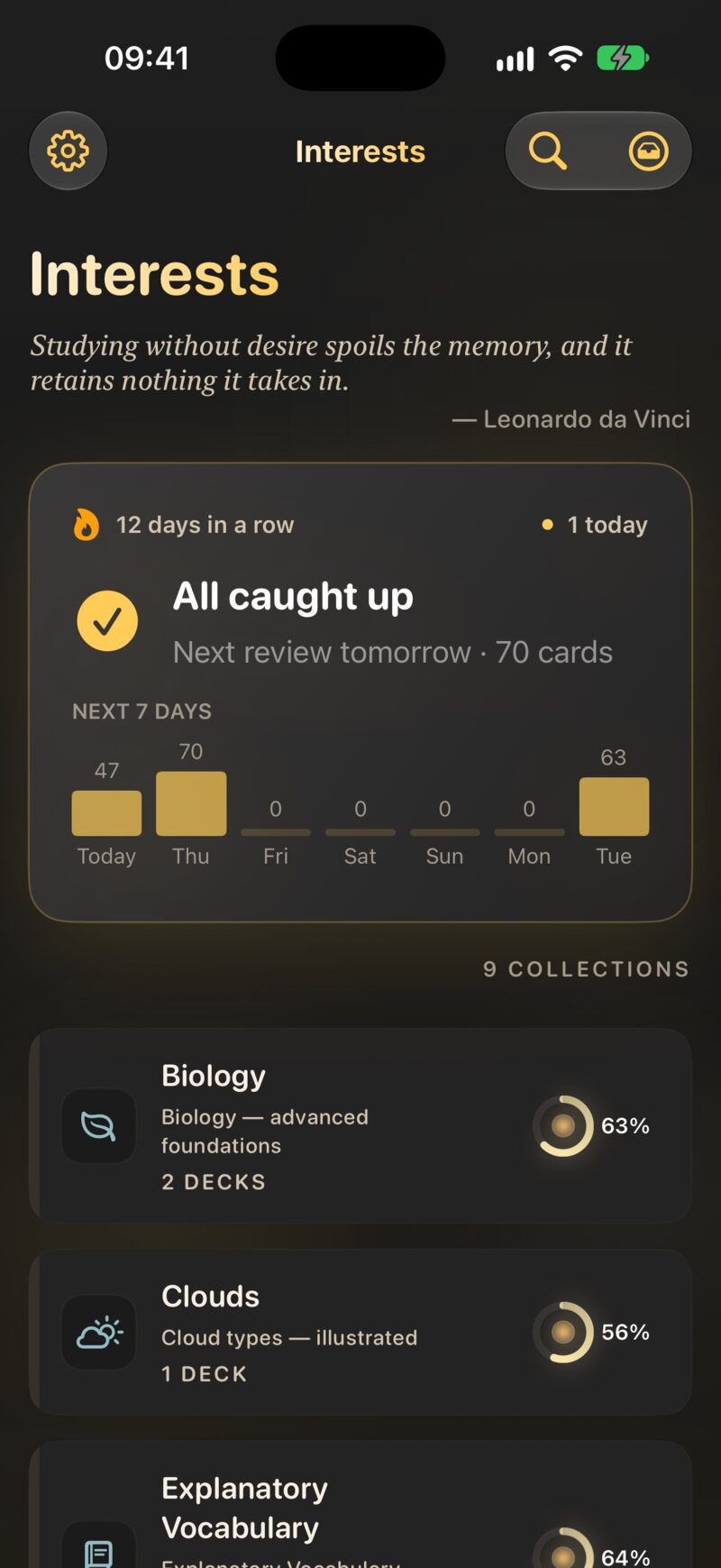 The Interests screen: the Today panel on top, then your interests with their icons, deck counts and mastery.