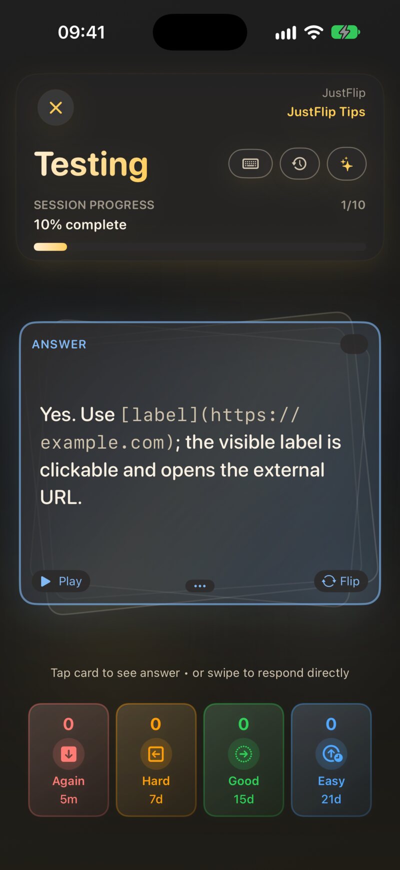 A review session on the answer side, with the four grade buttons and each button’s next interval above its name.