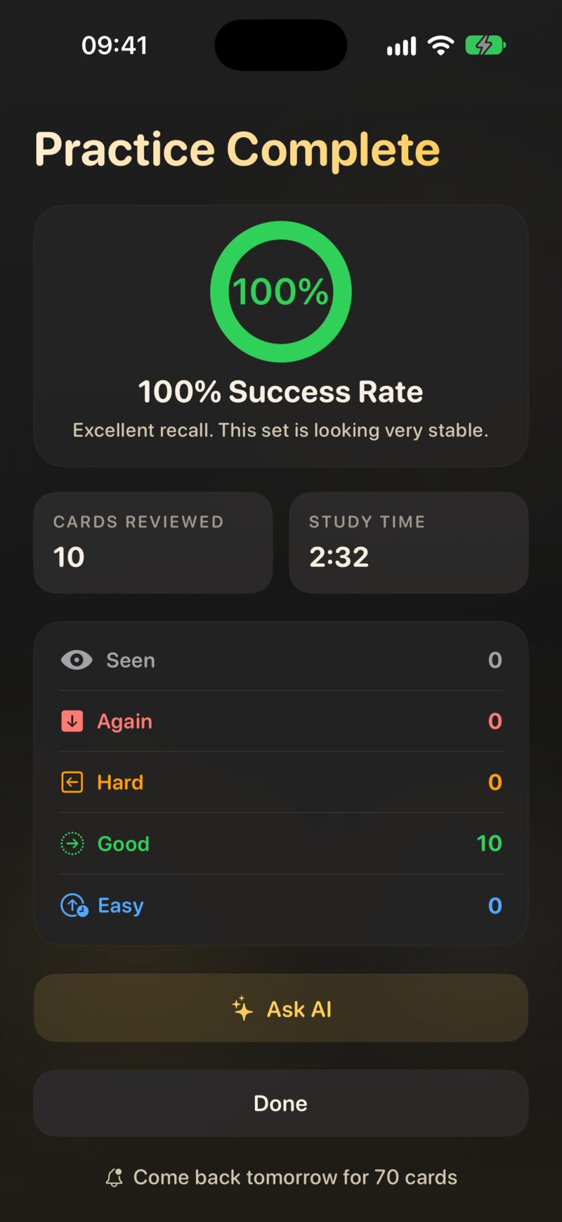 The results screen: the success rate, cards reviewed, study time and a tally of every grade.