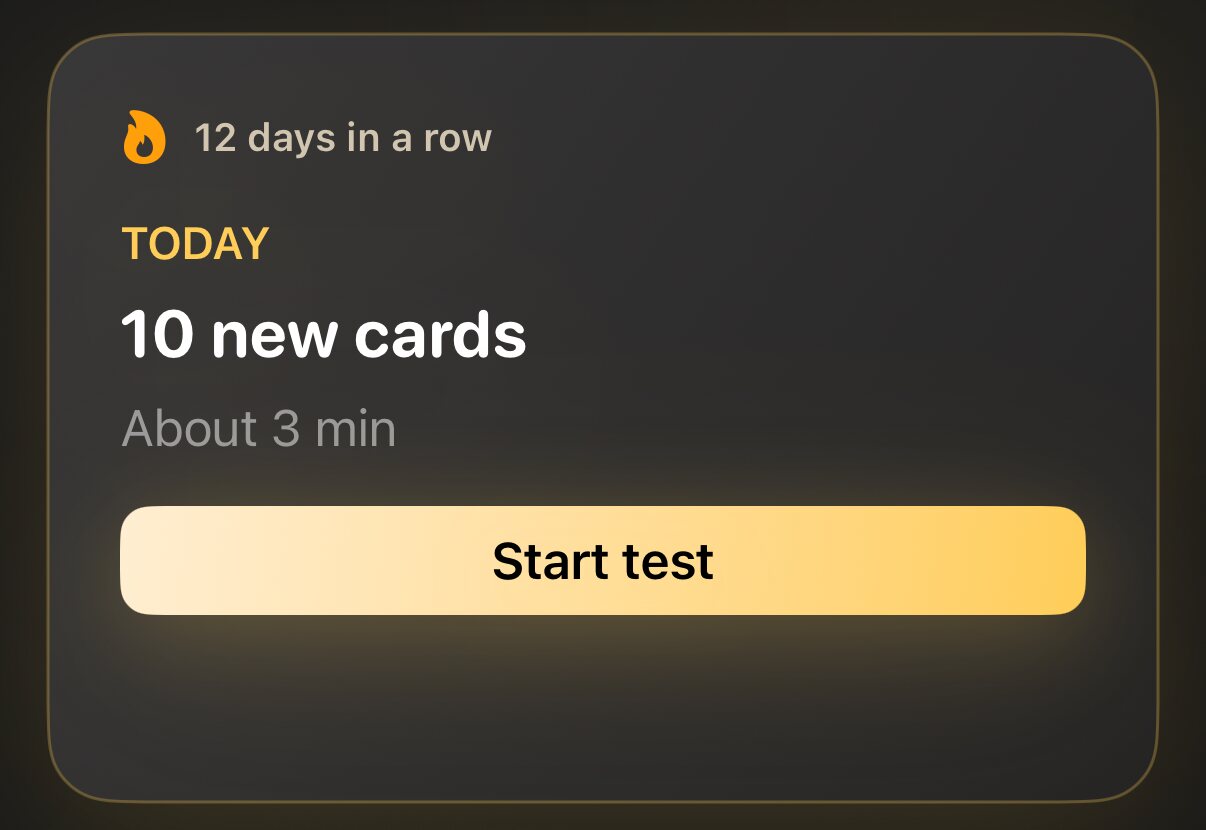 The Today panel with cards due, the estimated time, the streak, and a chip for each interest.