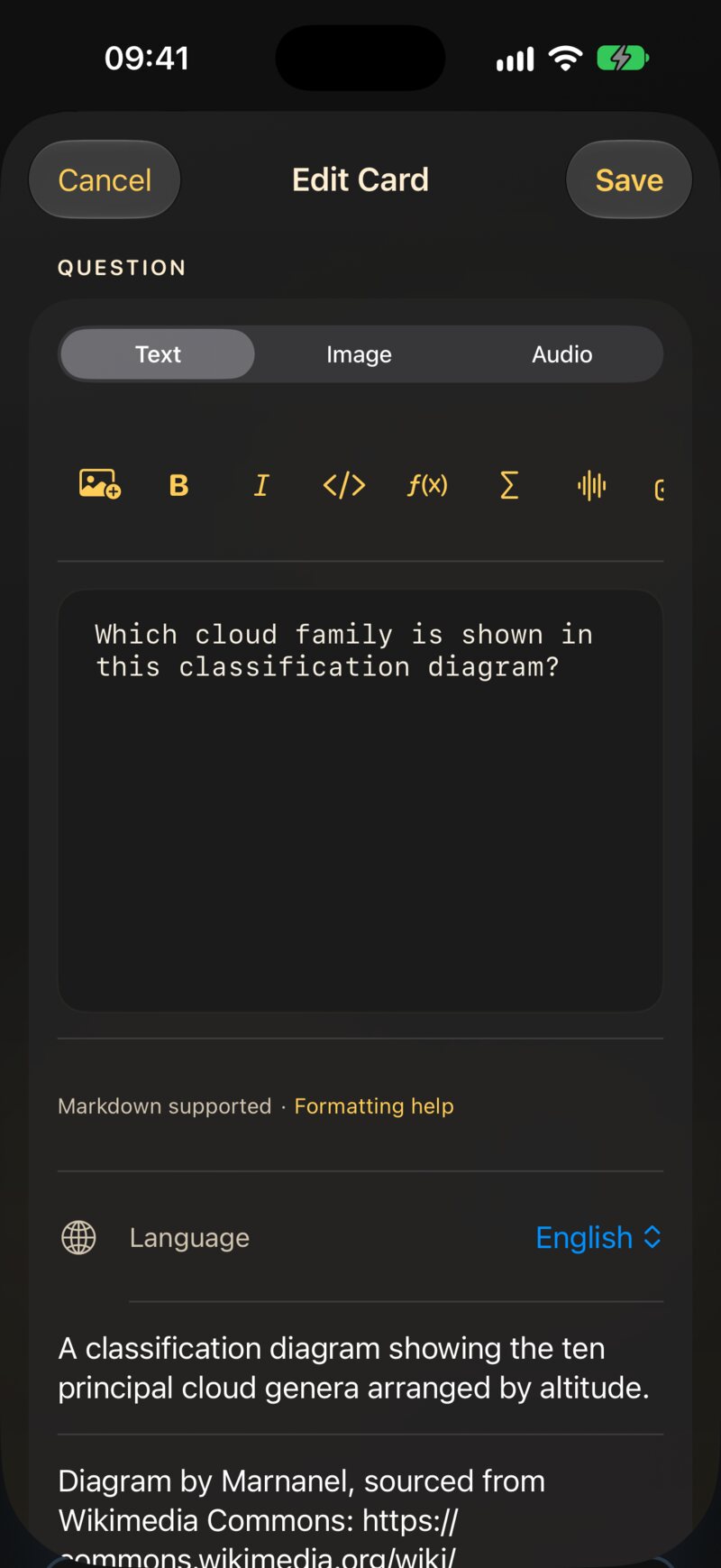 The card editor. Each side has its own Text, Image and Audio tabs, a formatting toolbar and a Language picker.
