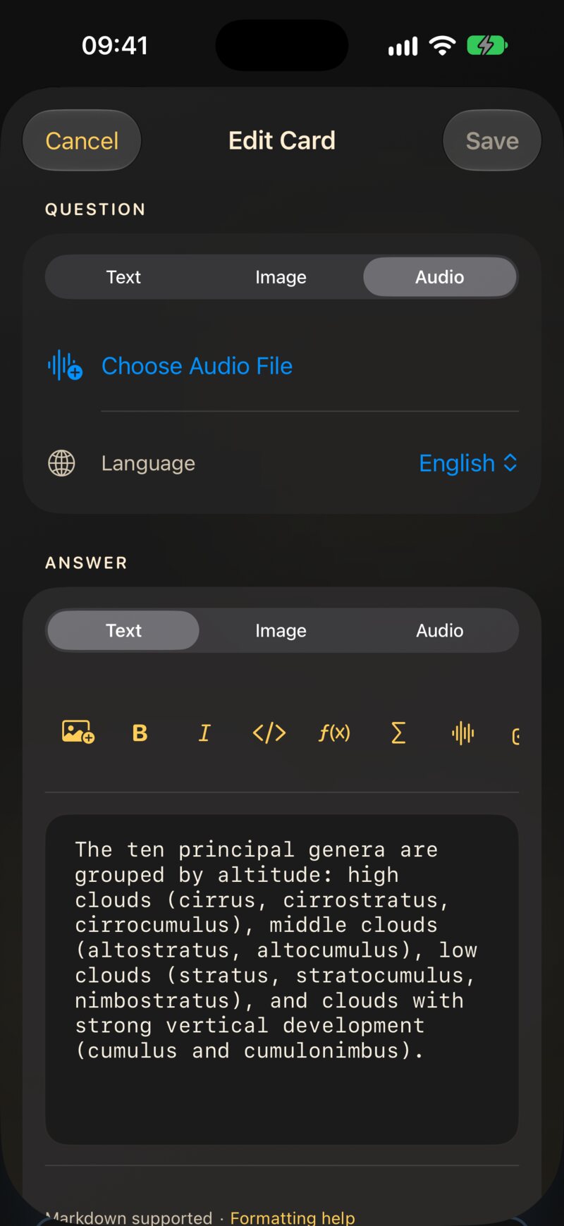 The Audio tab with an audio file chosen: its name, size, trash button and Replace Audio.