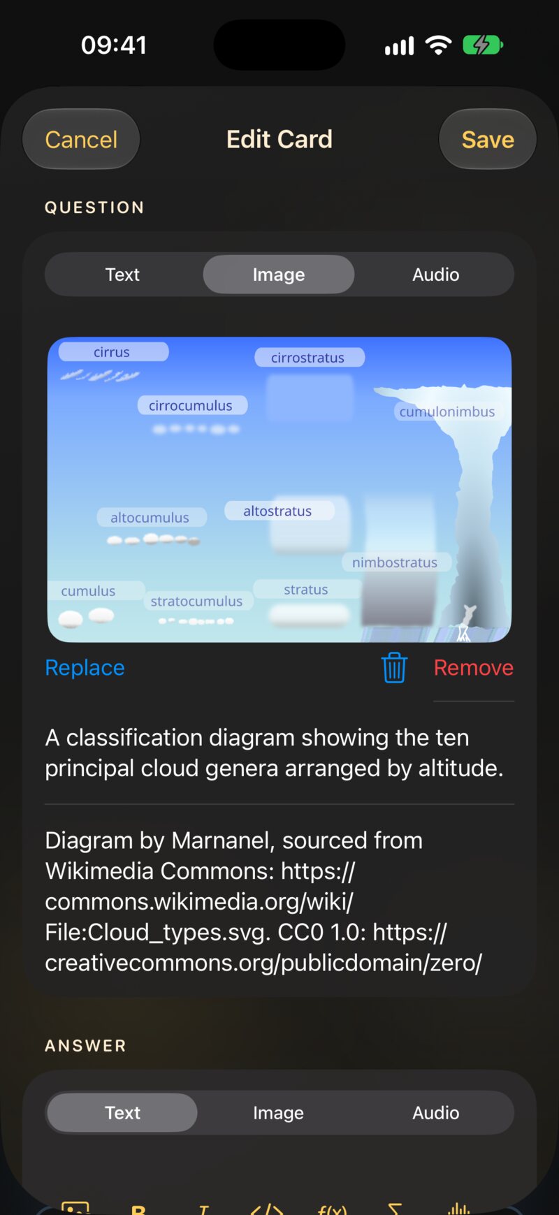 The Image tab of the card editor, with a photo chosen and the description and licence fields below it.