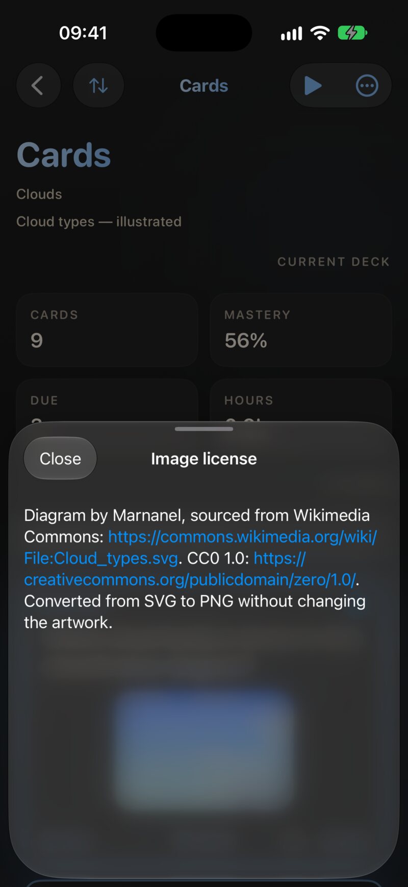 A card with a photo and the ⓘ licence button in its footer; the Image license sheet open over it.