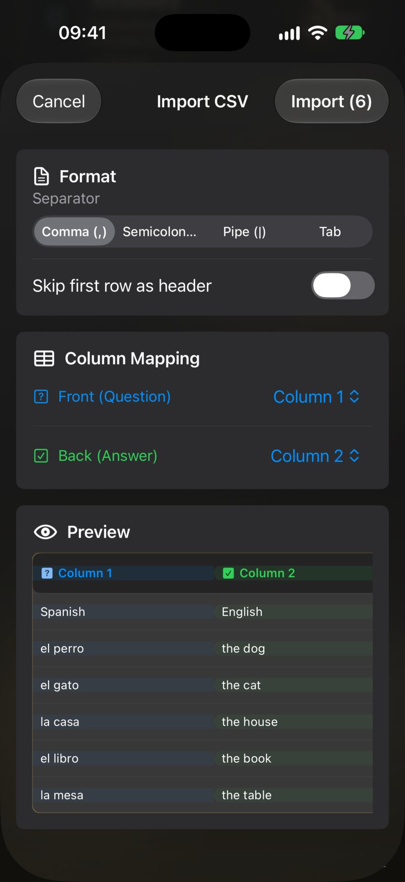 The Import CSV preview with the separator, header switch, column mapping and a preview of the rows.