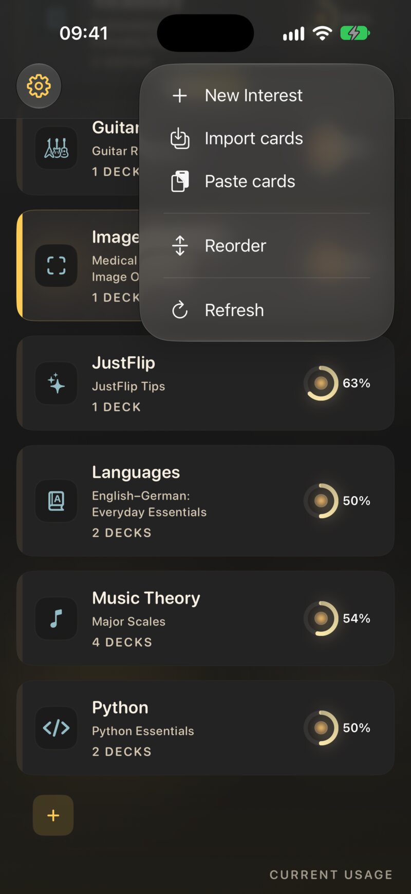The Add or import menu on the Interests screen, with Import cards and Paste cards.