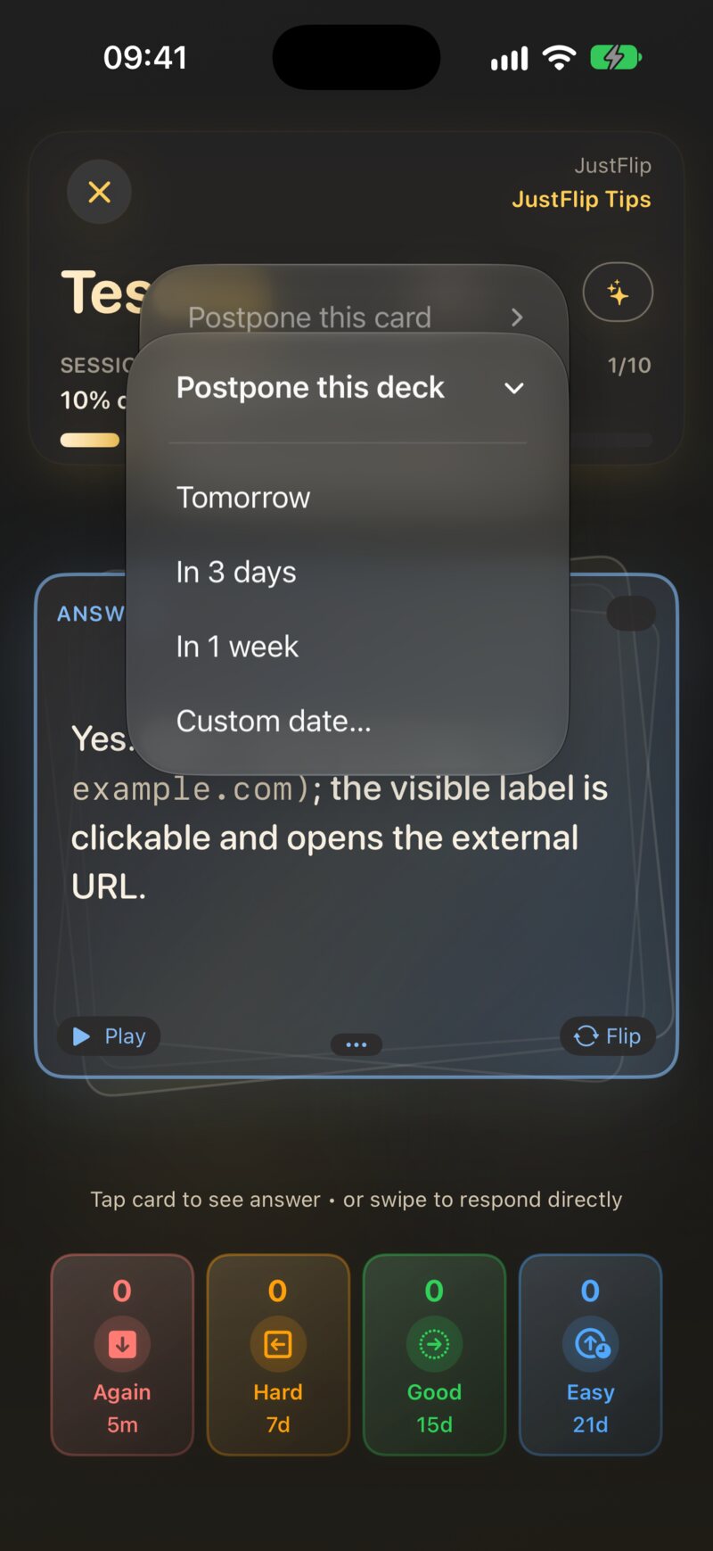 The Postpone menu during a review, with the card, deck and interest options.