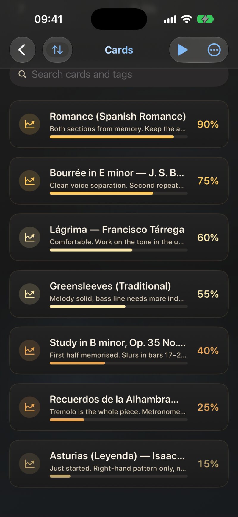 A deck of progress trackers, each with its own progress bar and percentage.