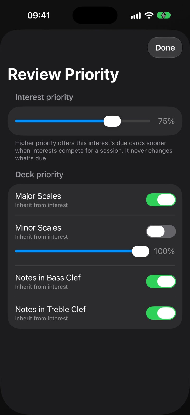 The Review Priority sheet: the interest slider on top, then one row per deck with its own Inherit from interest switch.