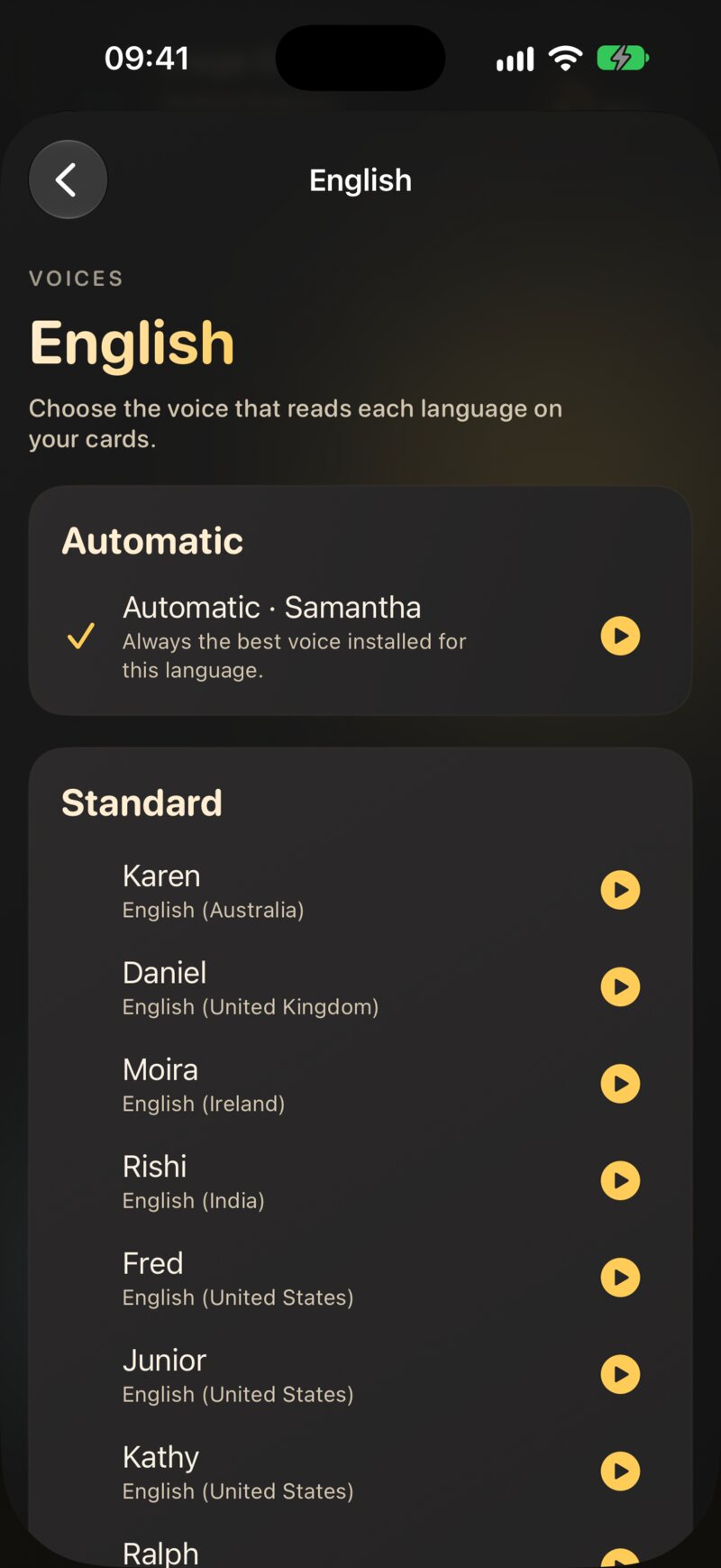 One language’s voices, grouped by quality, each with a preview button.