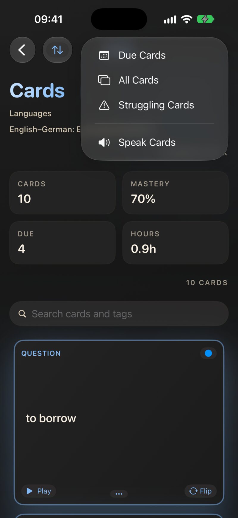 The card list’s play menu, with Speak Cards below the review modes.