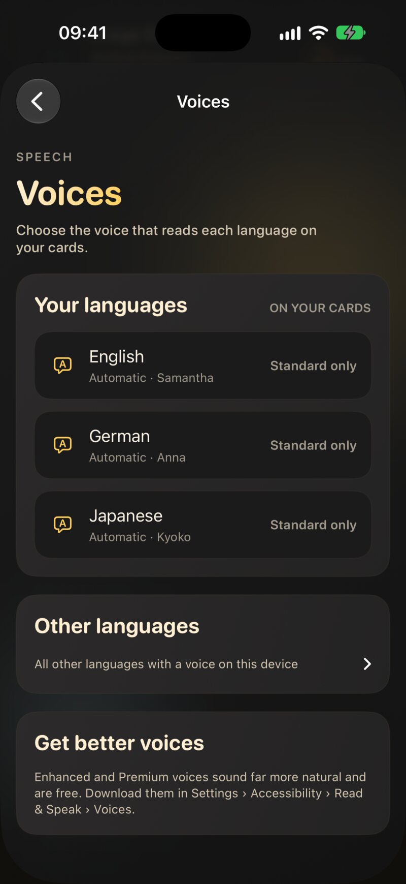 The Voices screen: your card languages on top, each with the voice that will read it.
