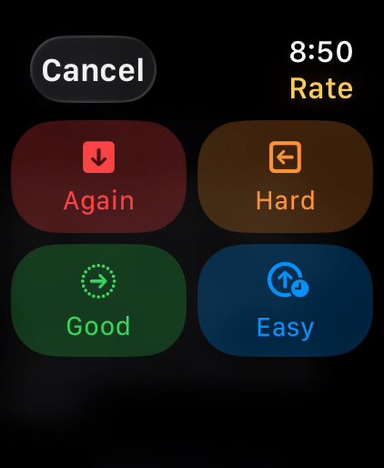 Rating a card on Apple Watch: press and hold the card, then pick a grade.