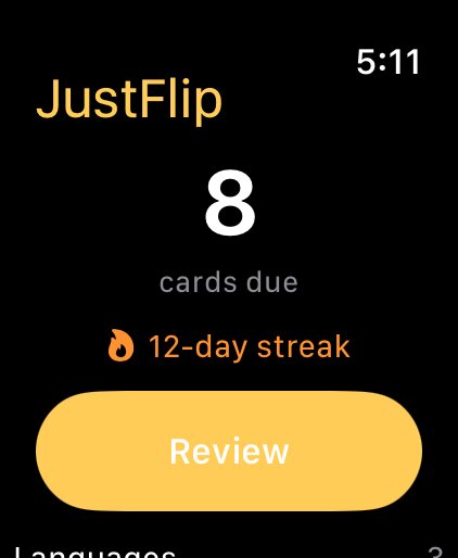 The watch Today screen: cards due, your streak, the Review button and a line per interest.