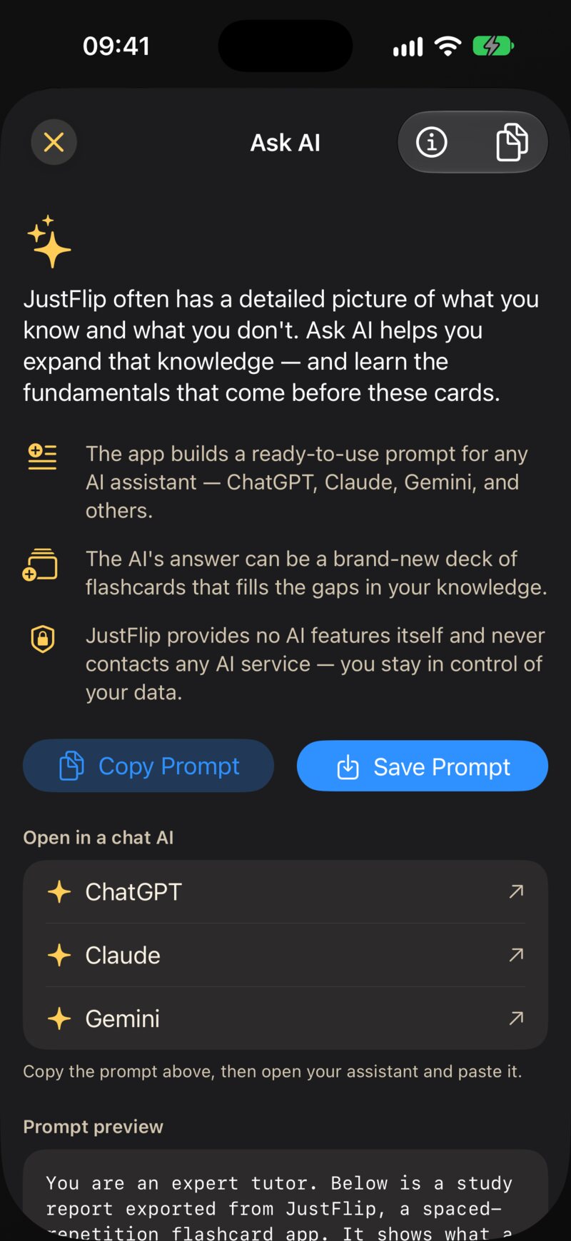 The Ask AI sheet: Copy Prompt and Save Prompt, the Open in a chat AI links, and the prompt preview.