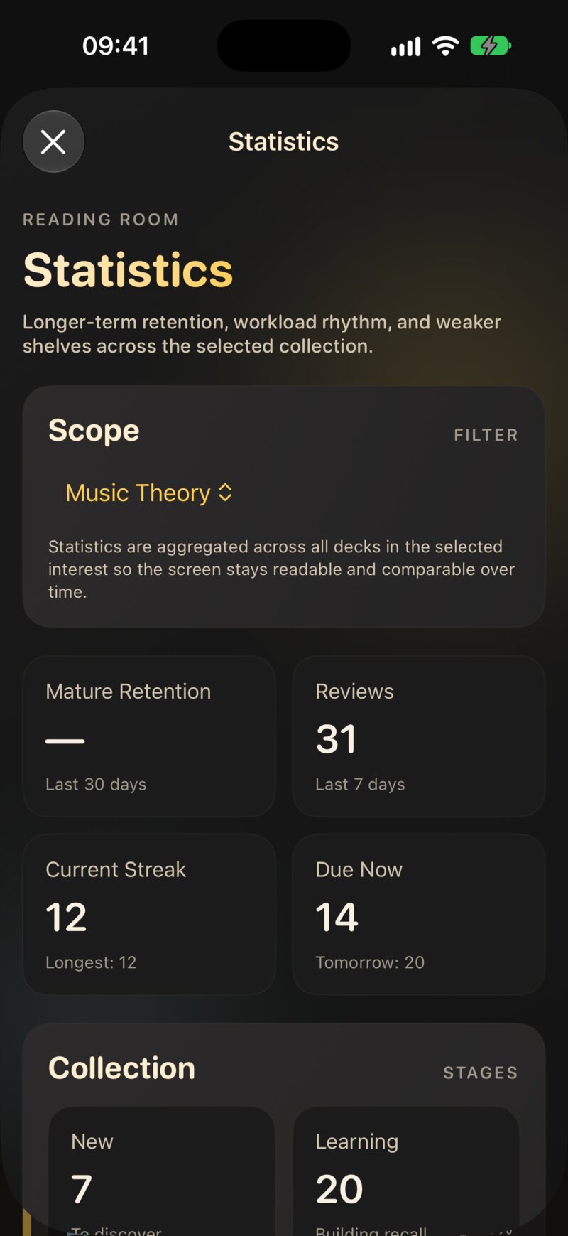 The Statistics screen: the interest picker, the four summary tiles and the collection stages.