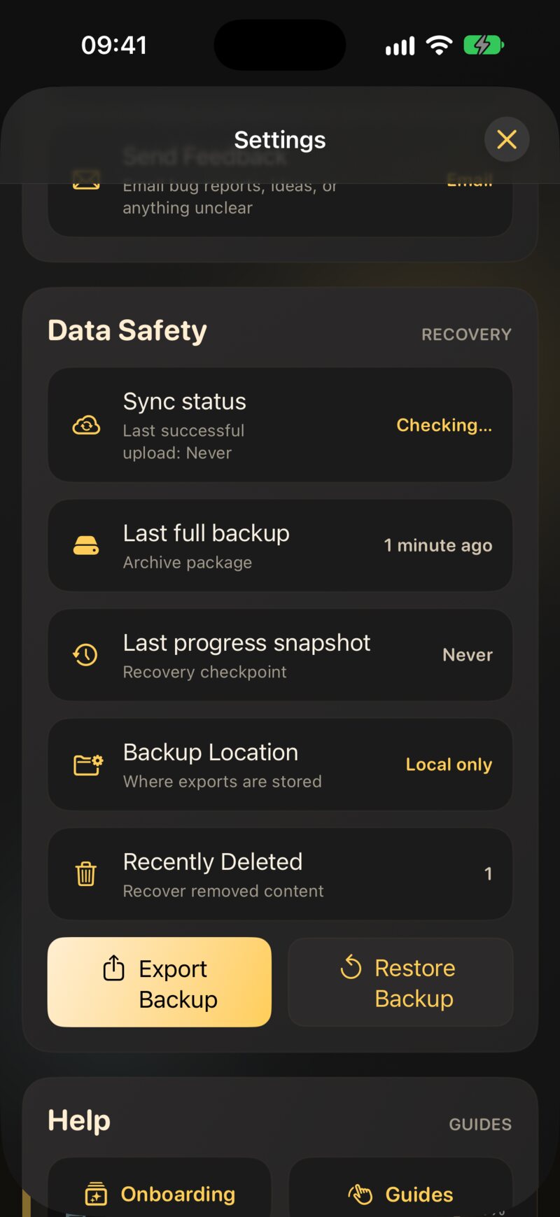 Settings › Data Safety: Sync status, the last full backup and progress snapshot, Backup Location, Recently Deleted, and the Export Backup and Restore Backup buttons.