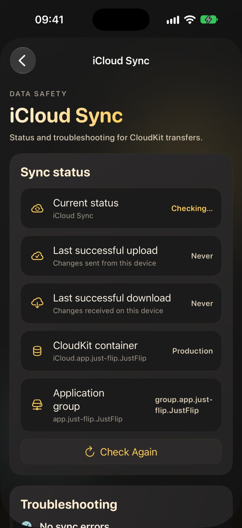 The iCloud Sync screen with the upload and download times, Check Again, and the recent activity log.