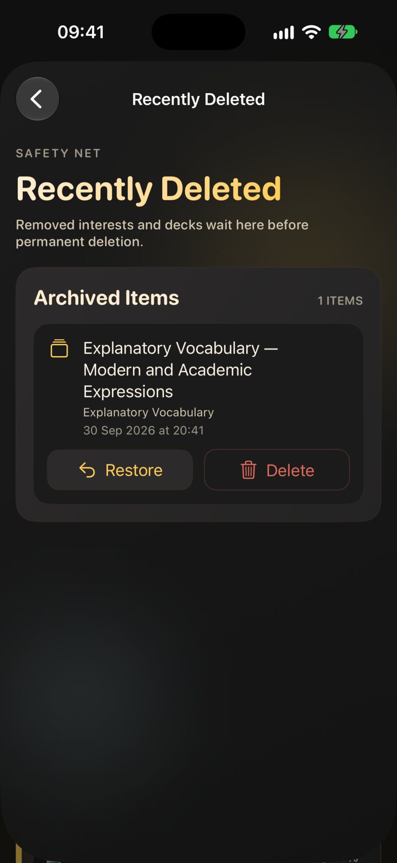 Recently Deleted, with an item and its Restore and Delete buttons.