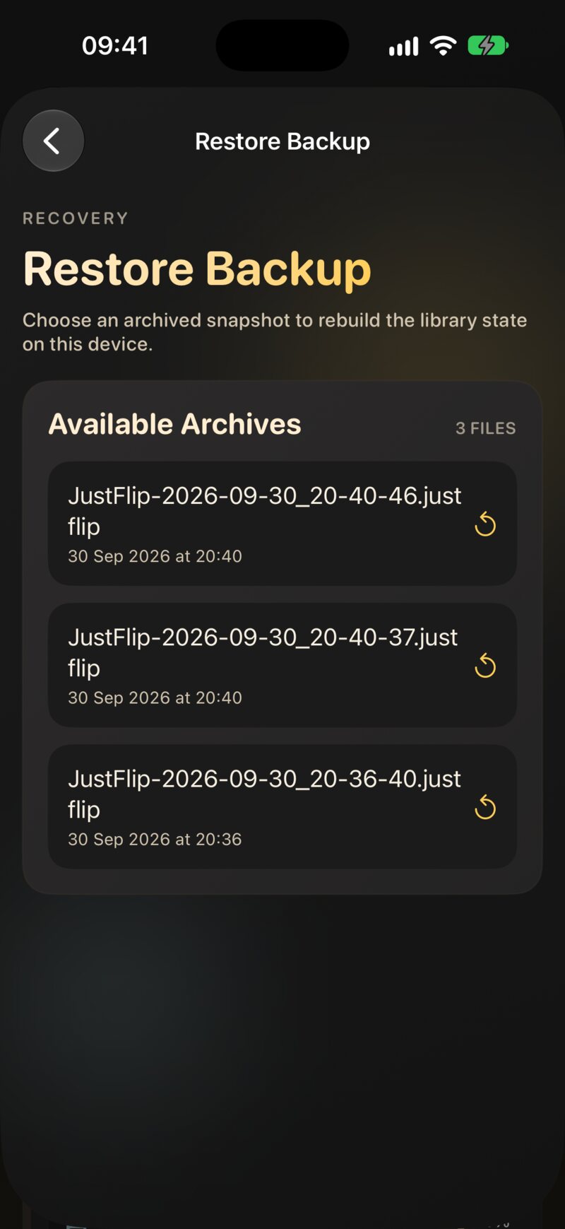 Restore Backup: the list of available archives, newest first.