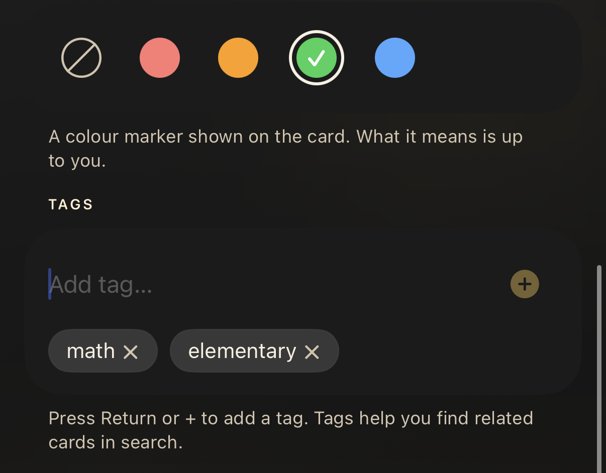 The JustFlip card editor with tag chips and a colour flag