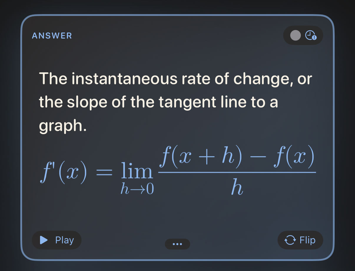 A JustFlip card showing a typeset TeX formula
